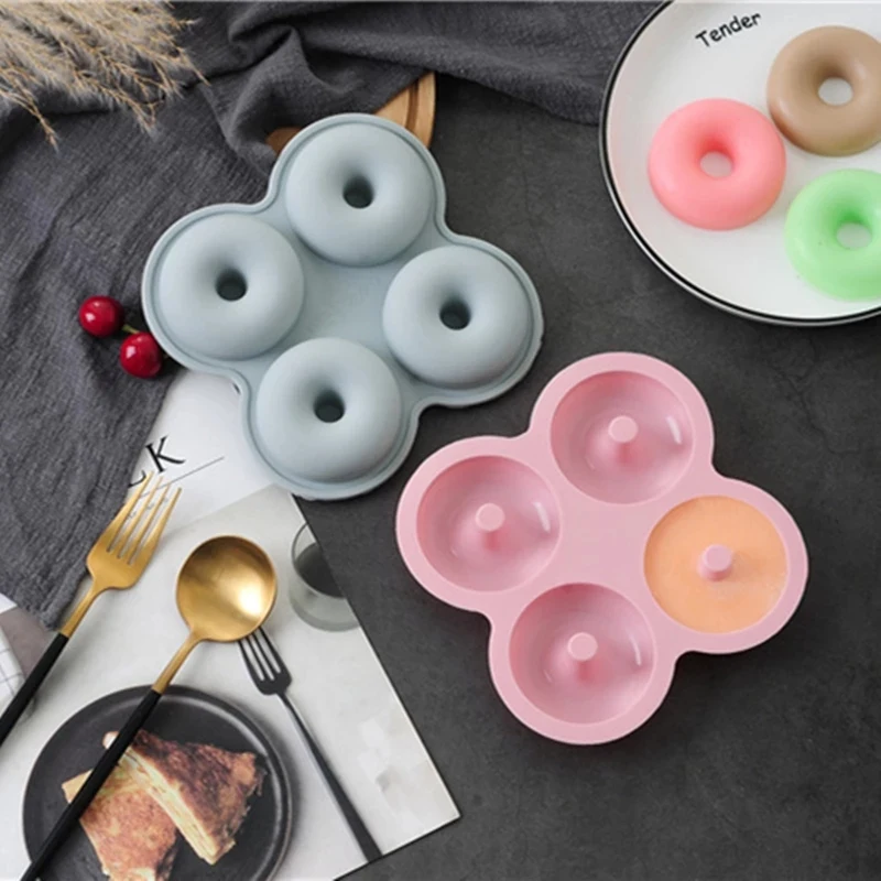 

4 Cavity Donut Mold Home Kitchen Baking Tray Cake Tool Silicone Molds Cooking Bakeware Bake Colorful Soft Dessert Moulds