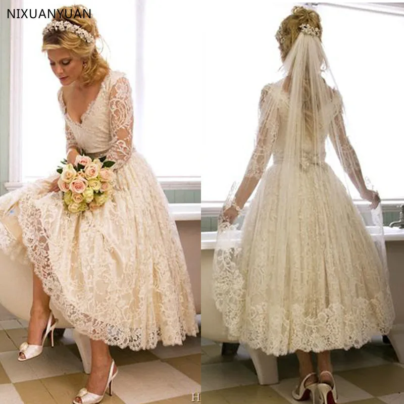 Vestido De Noiva New Casamento Hot Sale White Vintage Lace Tea Length Beach Wedding Dress 2021 Elegant Long Sleeve Bridal Gowns | Свадьбы и