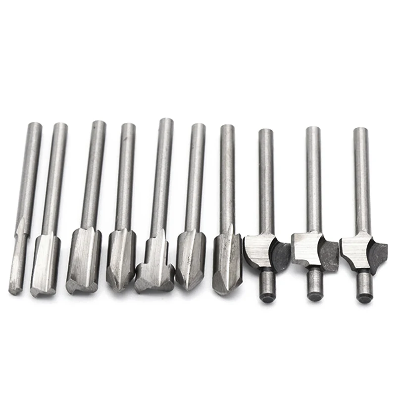 

10PCS 1/8Inch HSS Shank Woodworking Mini Router Bits Set 3.2mm Wood Cutter Milling Bit for Rotary Tool Wood Deburring