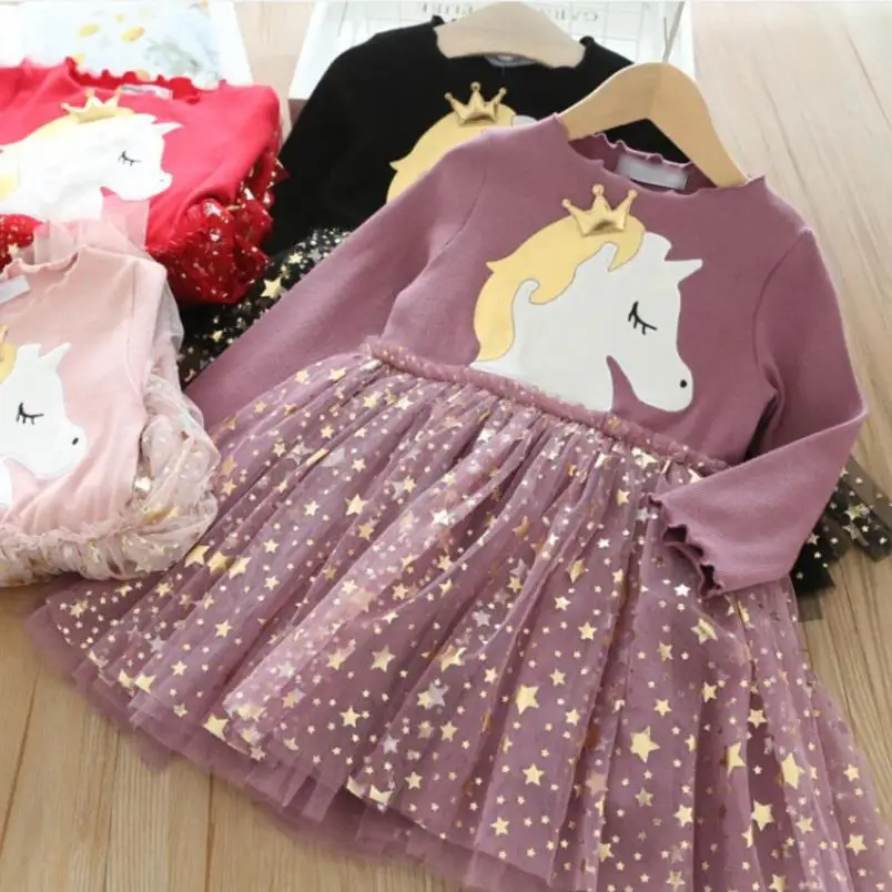 Christmas Dresses For Girls Long Sleeve Party Casual Crown Bling Star Girl Spring Autumn Dress Children Baby Princess Clothes | Детская