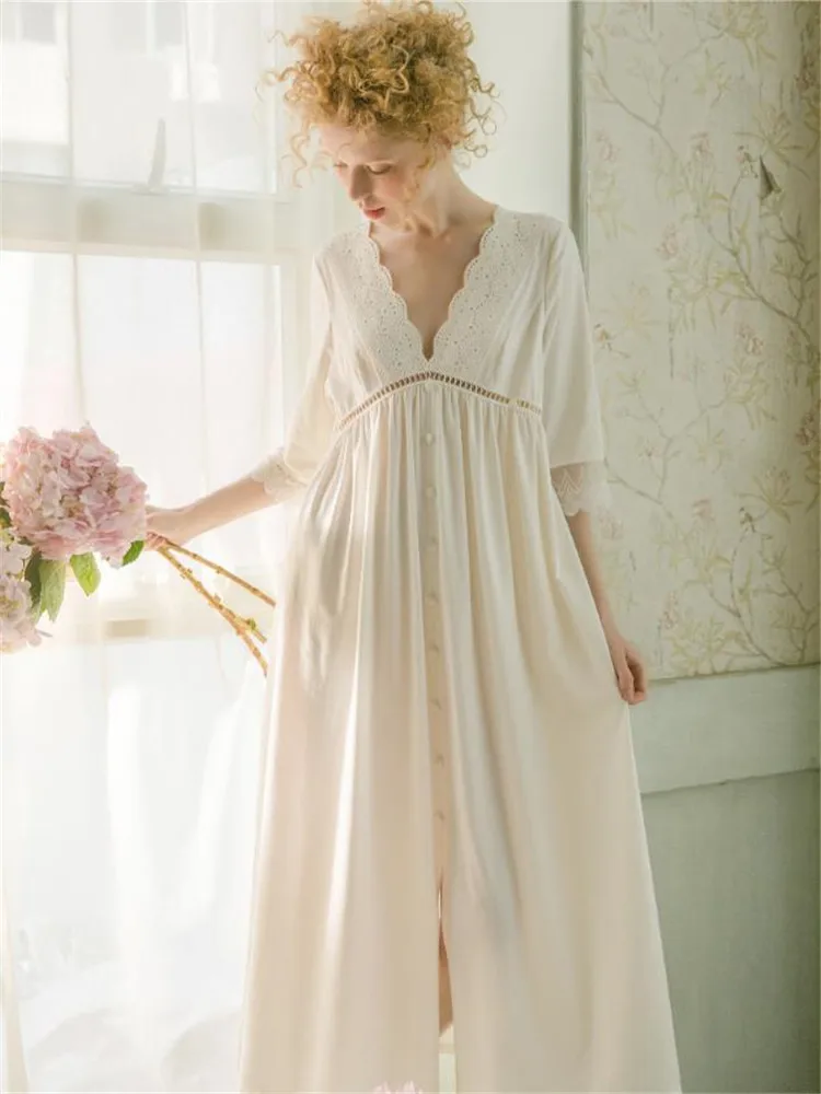 

2020 autumn new sexy lace V-neck hollow knitted cotton sleep dress female middle sleeve high waist long nightdress