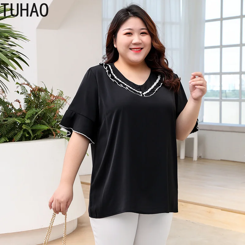 

TUHAO Mother Mom Summer Blouses Women Tops Flare Sleeve Solid Blouse Loose Work Wear Shirts Office Plus Size 6XL 7XL 8XL Blusas