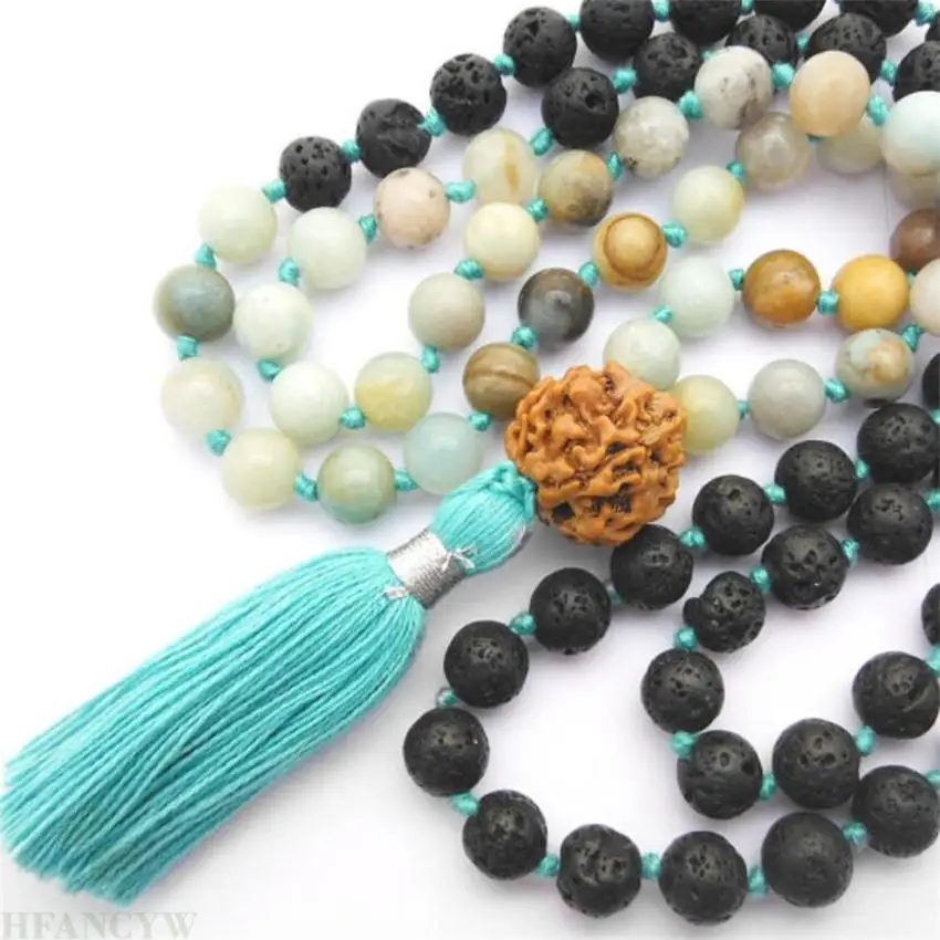 

8mm Amazonite lava Gemstone 108 Beads Mala necklace band Tassel energy cuff spirituality Sutra Tassel natural Meditation MONK
