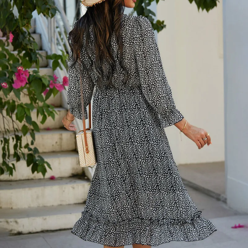 

Simplicity Women A-line Midi Sexy Dresses 2021 Ladies Casual V-Neck Summer Dress Ruffles Chiffon Boho Mini Beach Sundress G2304