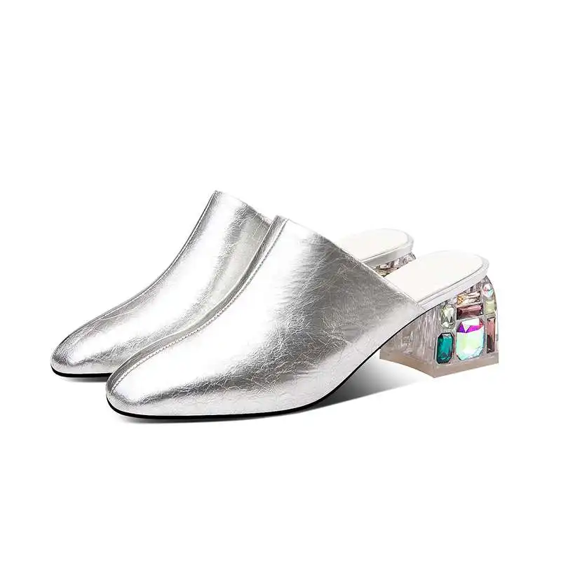 

Krazing Pot cow patent leather square toe rhinestone high heels women mules solid daily wear slip on summer fashion pumps L3f2