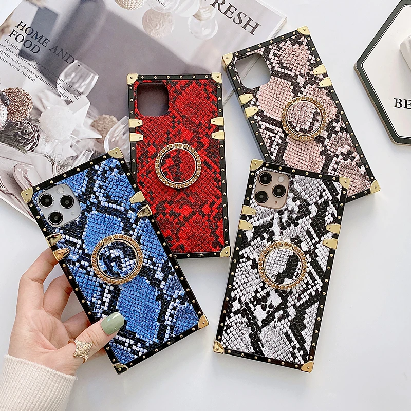 

Luxury Square Snake Skin Texture Soft Phone Case For Samsung Note20ultra S21Pro S30Pro S10 S8 NOTE8 10 Vintage Ring Holder Cover
