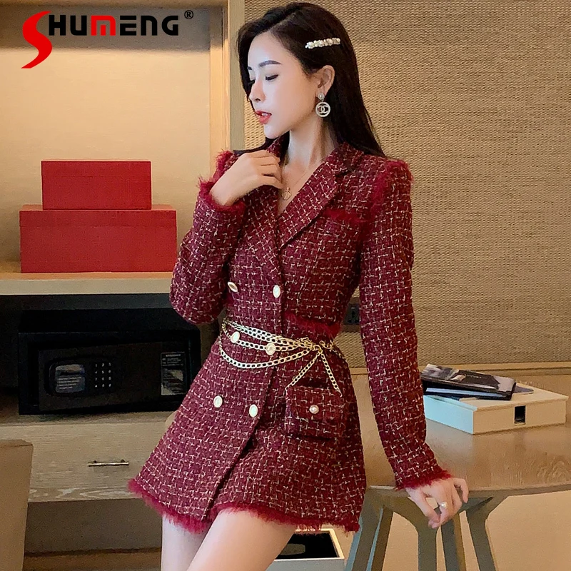 

Новое Элегантное клетчатое двубортное пальто для женщин 2021 Весна французский Стиль красное платье с длинным рукавом из ткани твидовый жаке...