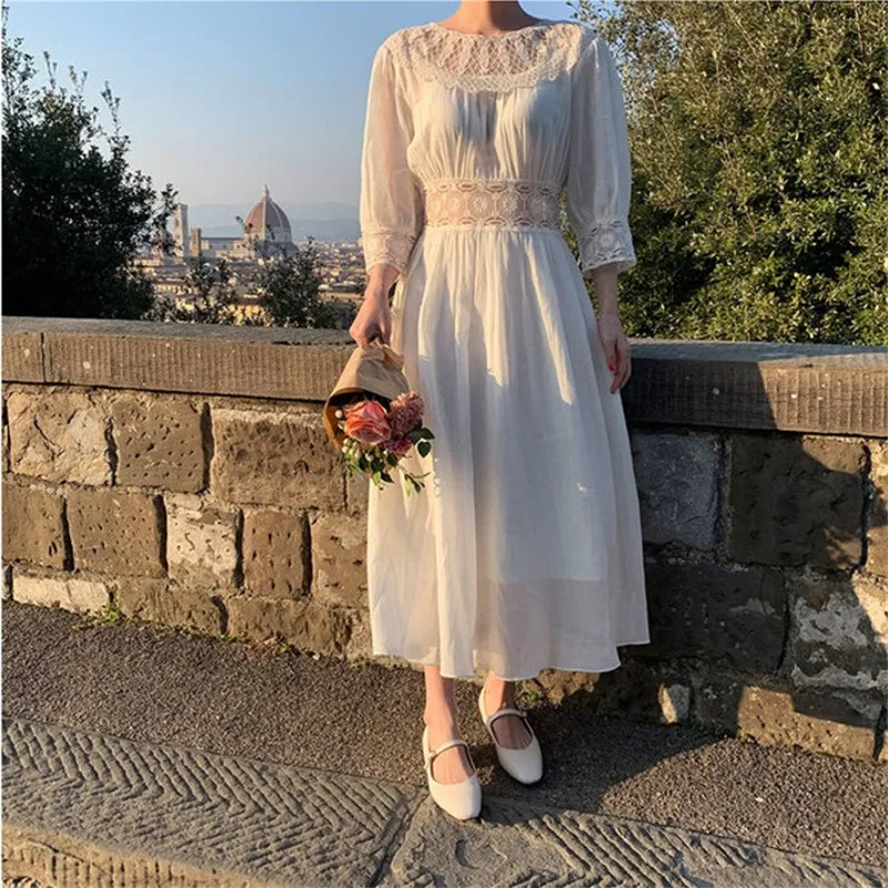 

2021 new high-tech stitching lace crochet hollow round neck waist temperament dress long skirt