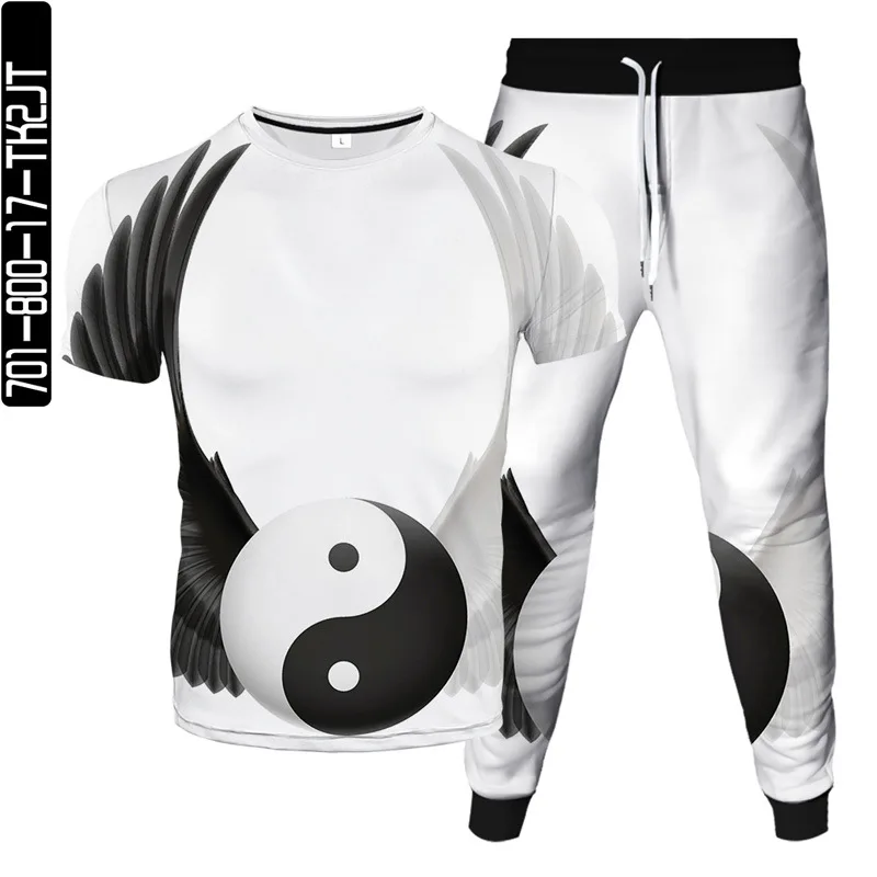 

Women's tracksuit printed black and white color matching T-shirt set 3D printed unisex color contrast trousers 2-piece set