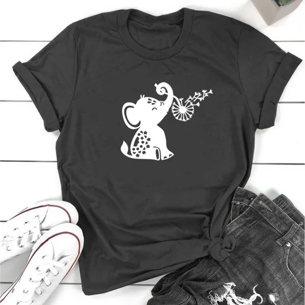 

New Multicolor Cartoon Elephant Women Dandelion Printed T-shirt Round Neck T-shirt Fashion Graphic T Shirts Unif Gothic Top