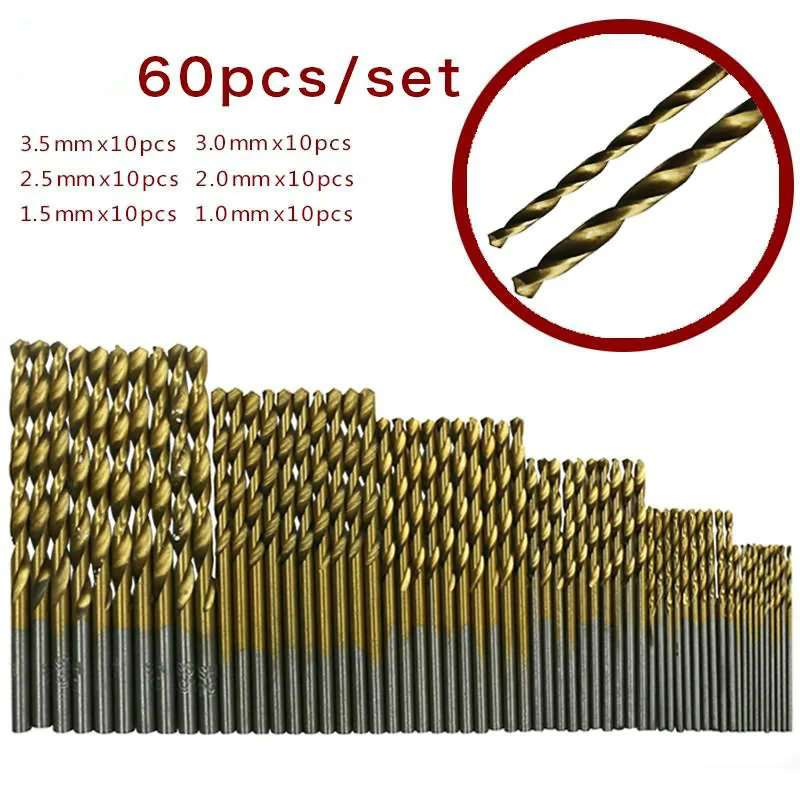 

60Pcs HSS Titanium Coated Twist Drill Bits High Speed Steel Mini Drill Bit Set Power Drilling Tools for Wood 1/1.5/2/2.5/3/3.5mm