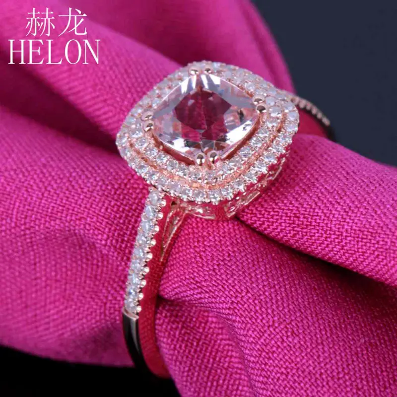 

HELON Solid 18K Rose Gold 6mm Cushion 0.85CT Natural Morganite Pave 0.3ct Diamond Engagement Wedding Ring Women Fine Jewelry