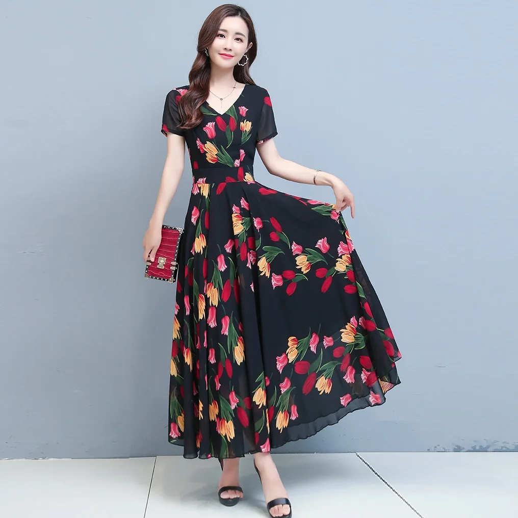

Vintage Chic Women Black Print Short Sleeve Beach Boho Dress 2021 Summer Lady High Waist V-Neck Maxi Dress Party Dress Vestidos