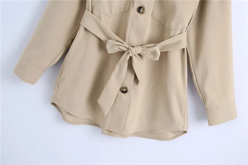 

Streetwear Women Khaki Turn Collar Shirts 2020 Fashion Ladies Pocket Long Tops Causal Female Chic Button Sashes Blouses