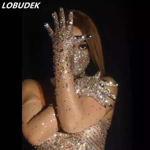 Эластичные прозрачные белые перчатки для Стразы серебристого цвета, украшение для певицы, кристаллы, аксессуары для вечеринок, длинные митенки