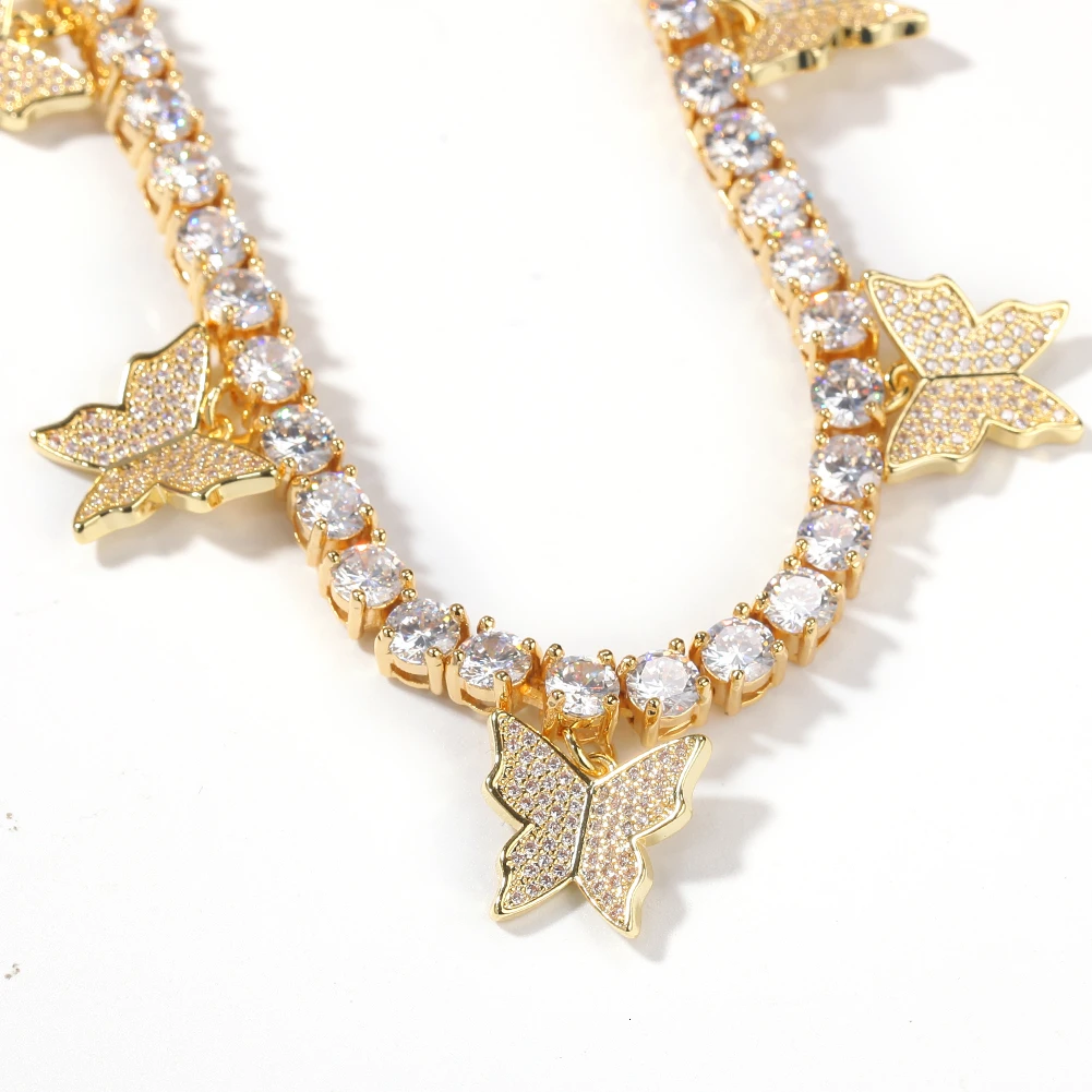 with butterfly BLING KING 5 мм CZ драгоценный камень теннис ожерелье Iced Out Циркон 1 ряд теннис ожерелье хип-хоп ювелирные изделия - Окраска металла: with butterfly