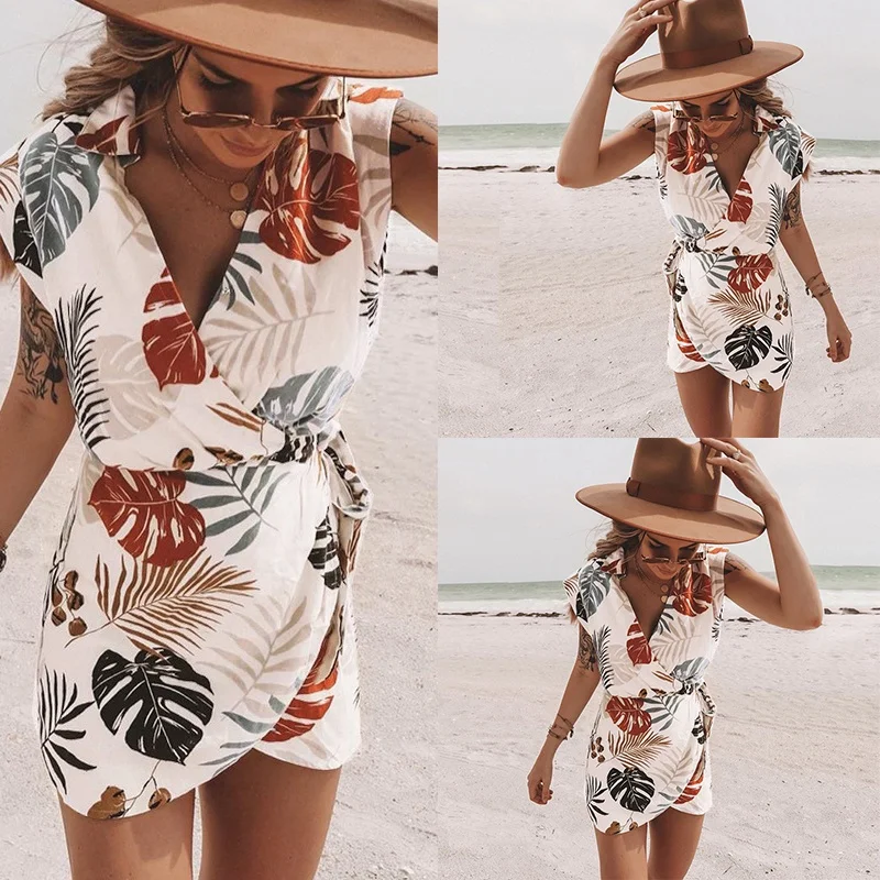 

Women Summer Dress Floral Leaves Print Party Clubwear Lace-up Mini Dresses Beach Sundress