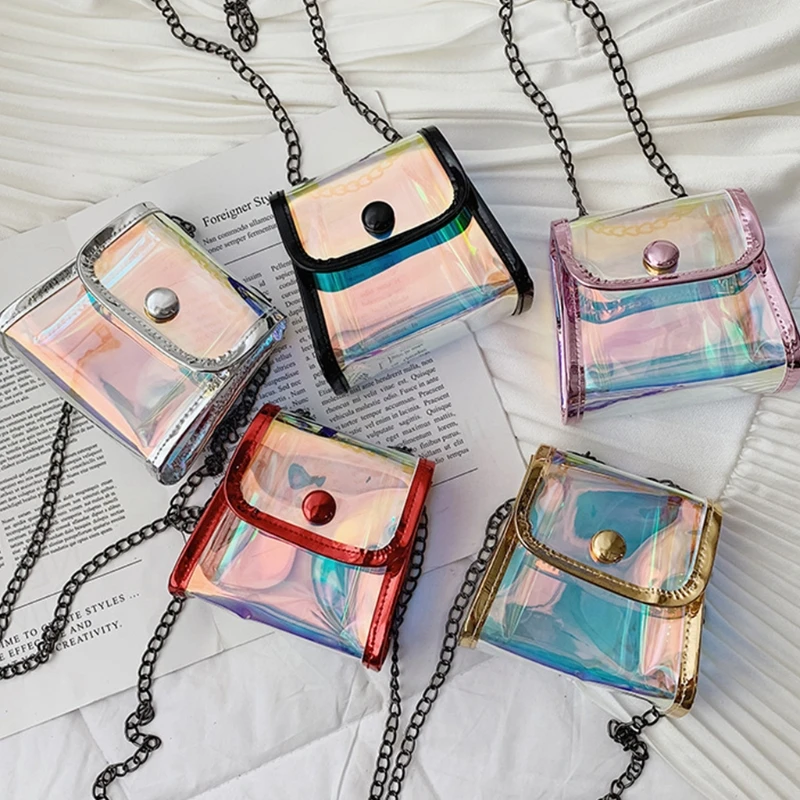 

Crossbody Shoulder Hangbag Transparent Messenger Bag with Chain Holographic Clear Purse Mini Handbag for Kid Girls