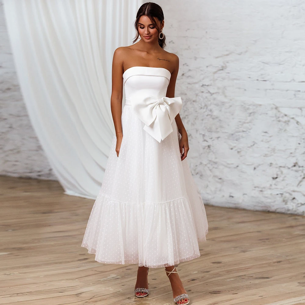 

Элегантные Свадебные платья без бретелек 2021, Простые короткие свадебные платья с бантом, атласные трапециевидные женские платья на заказ