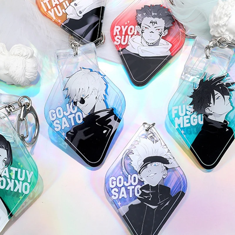 

Creative Colored Jujutsu Kaisen Anime Glitter Keychain Satoru Gojou Double Sided Print Hologram Acrylic Charm Holo Rainbow Gift