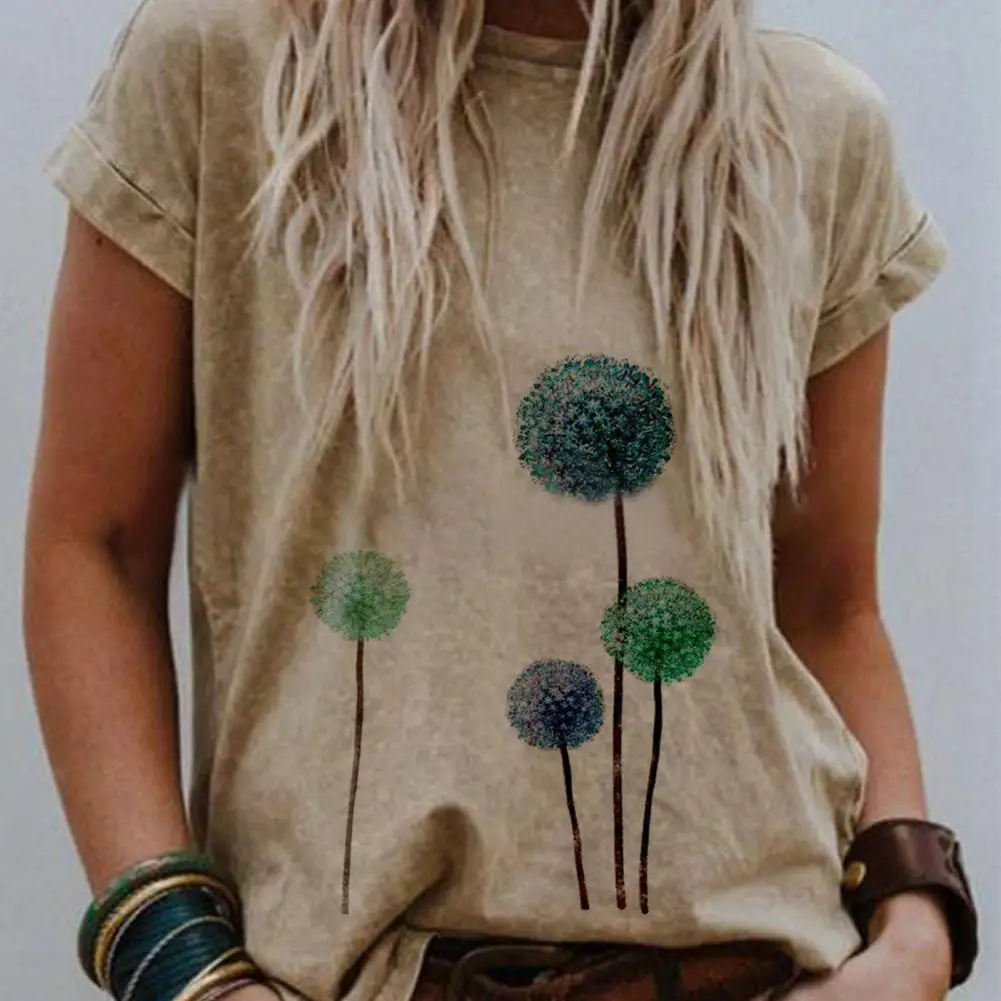 

Women T-shirt Short Sleeve Landscape Print Cotton Blend O Neck Floral Tree Loose Blouse Top for Summer Loose Blouse Top Women
