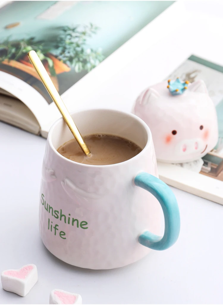 

Pig Mug Sunshine Life Coffee Cup for Girls 15oz Ceramic Tumbler with Lid Light Pink Water Bottle for School Office Home Mug Gift