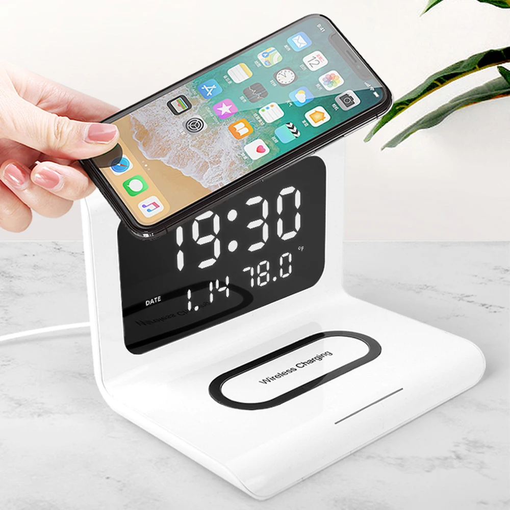 

Alarm Clock Electric LED Digital Display Table Clock 10W Qi Wireless Charger Fast Charging Pad Thermometer Date Calendar Clock