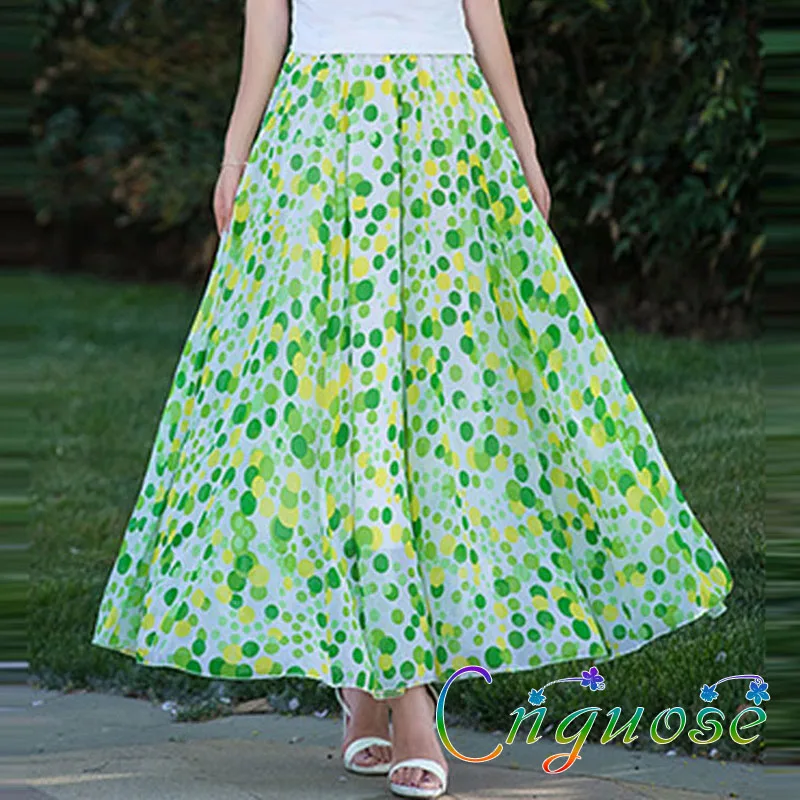 

2021 Summer Fashion Plus Size 5XL 4XL Floral Green Polka Dot Chiffon Maxi a-line Faldas Largas Elegantes Woman Skirts for Womens
