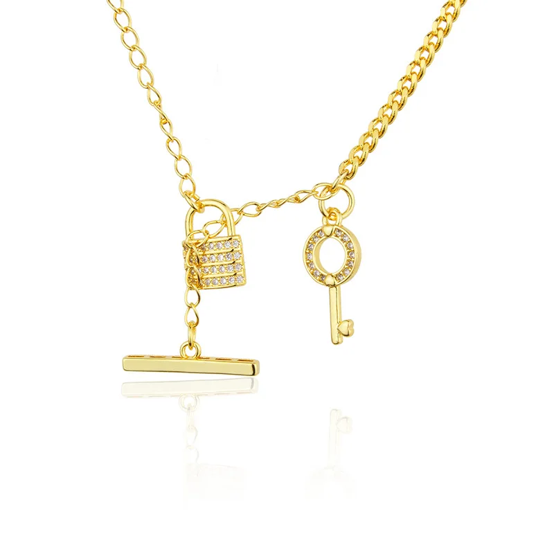 

WTLTC Gold Color Toggle Clasp Lock Key Necklaces Mixed Linked Layered Chokers CZ Crystal Necklace Custom Fashion Korean Jewelry