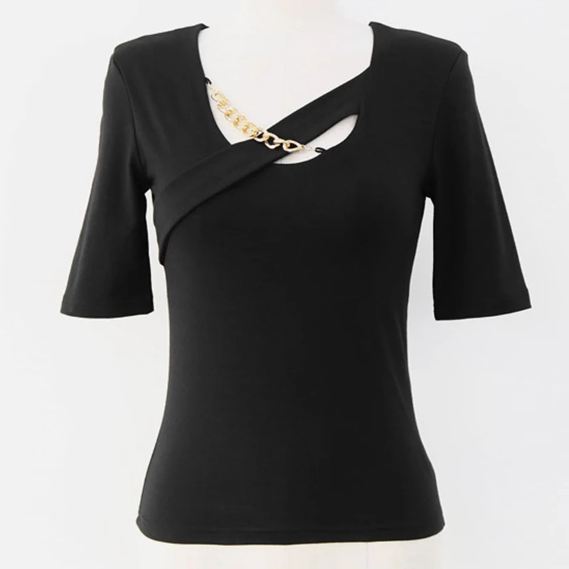 

Korejpaa Women T-Shirt 2021 Summer Korean Chic Elegant Temperament Cross Metal Chain Decoration Slimming Solid Color Pullovers