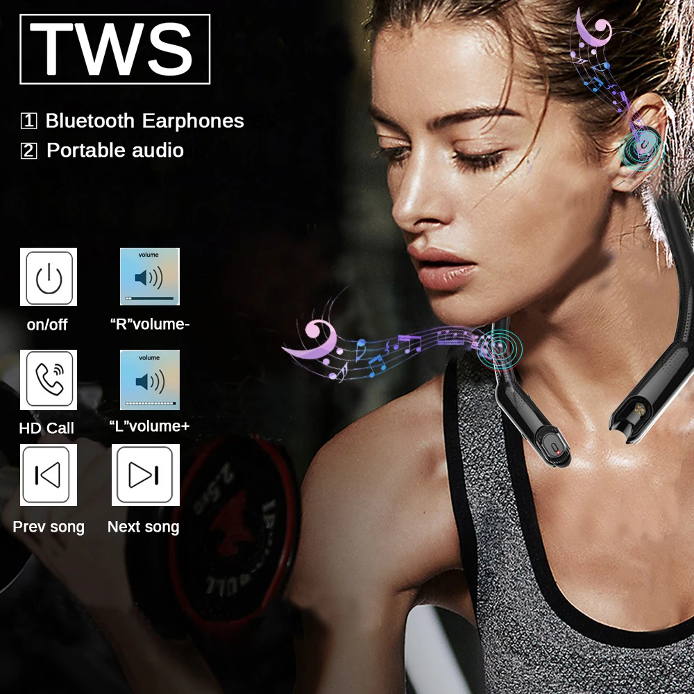 Bluetooth наушники TWS портативные стереонаушники с шейным ремешком шумоподавлением
