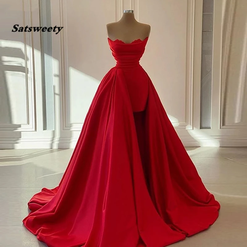 

Elegant Dubai Formal Party Prom Dresses Long Robe De Soiree African Turkish Women Red Evening Gown Strapless 2021 Arabic