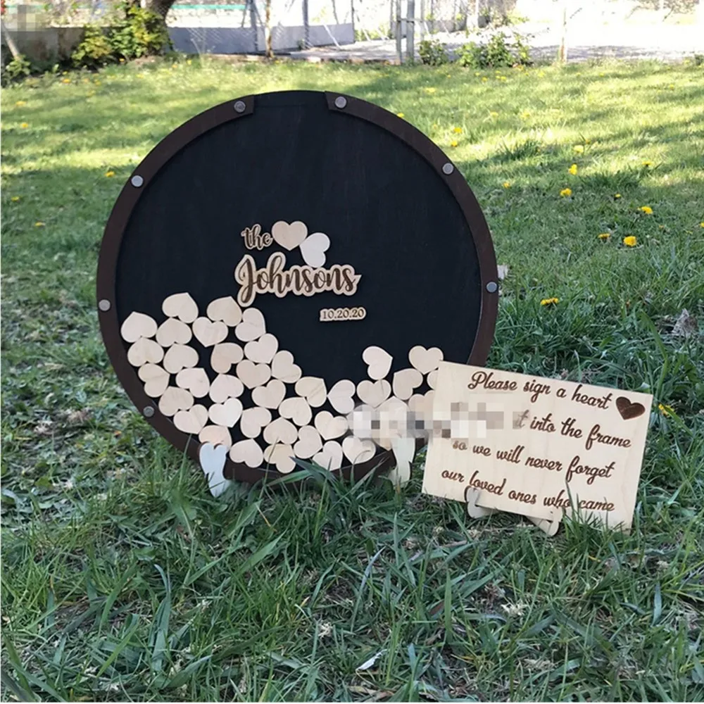 Personalize Modern wood Round Hearts Wedding Guest Book Baby shower Engagement Bridal Drop Top Wishing Box Guestbook | Дом и сад