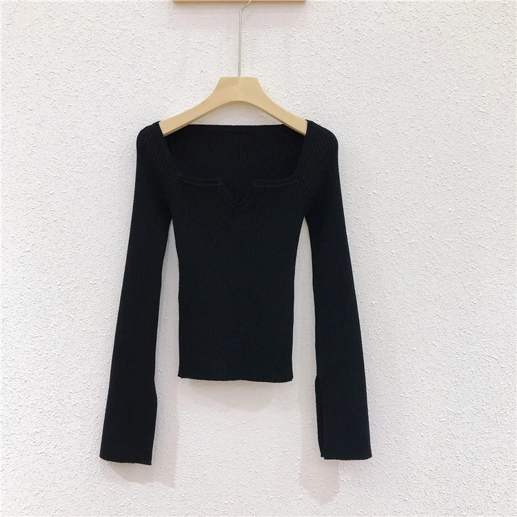 

TVVOVVIN Square Collar Slim Flare Sleeve Knitted Pullover Tops Spring New Black Female Sexy Knitting Short Sweater WYC7