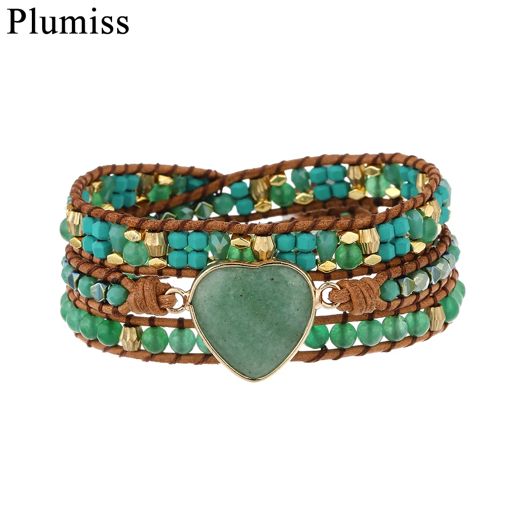3 слоя натуральный камень кожаный браслет с запахом зеленый авантюрин Quartzs