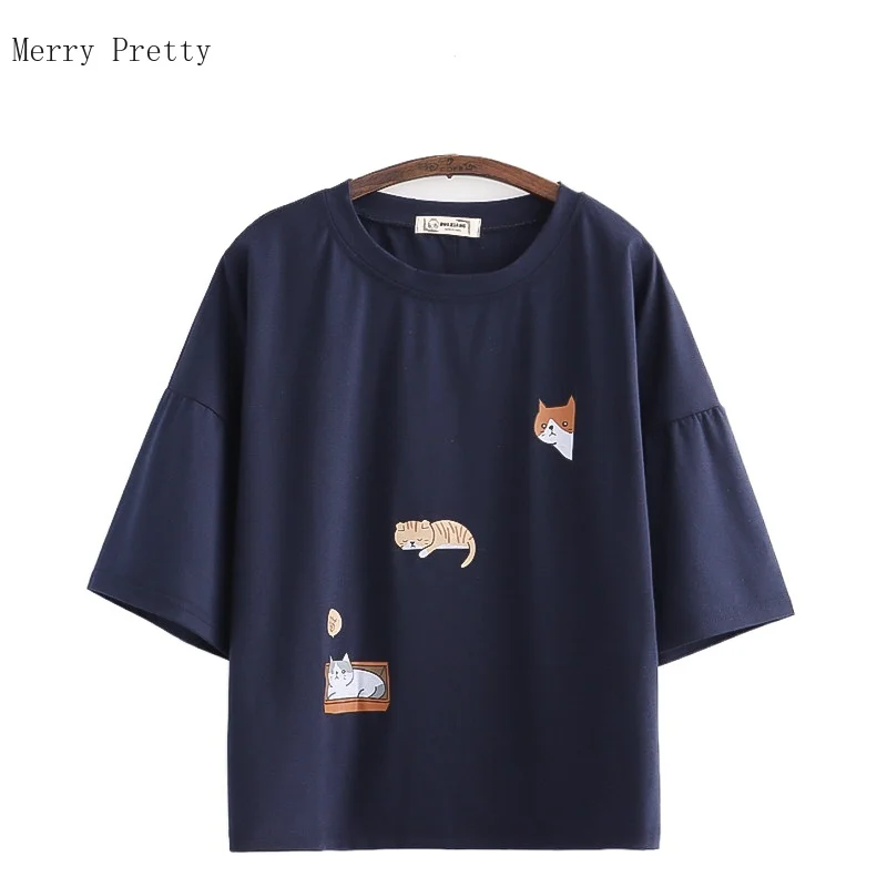 

Женские хлопковые футболки Harakuju, Повседневный пуловер с мультяшным принтом кота, летние футболки 2021, милые стильные женские базовые Топы с ...