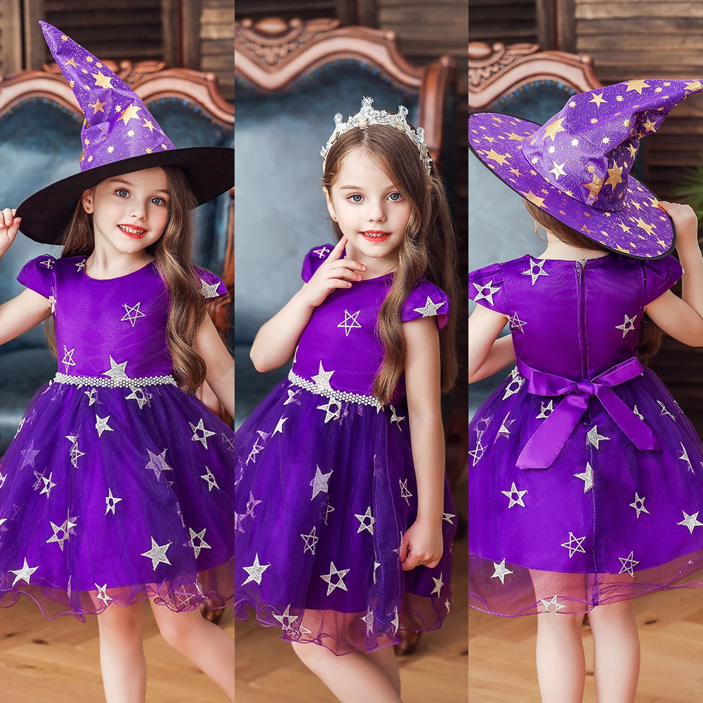 

3 Colors Halloween Witch Cosplay Costume Skirt Dress Skin-friendly Breathable Hat Girls Halloween Decor Birthday Party Festival