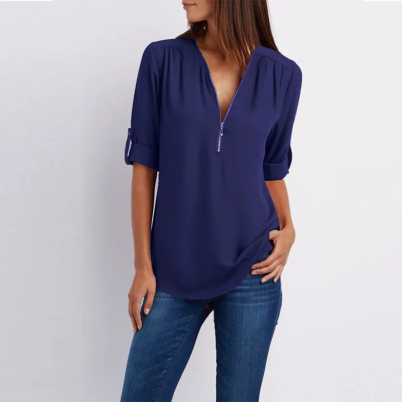 Navy blue Женская шифоновая блузка с v-образным вырезом на лето и осень, повседневные однотонные Топы с коротким рукавом, свободные блузки на молнии, рубашки размера плюс - Цвет: Navy blue