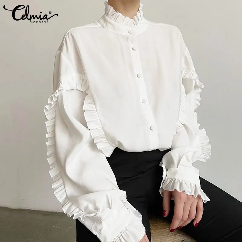 

Женские Элегантные рубашки с буфами на рукавах Celmia 2021 стильный Стенд воротник туника с оборками с длинным рукавом, свободная офисная блузка...