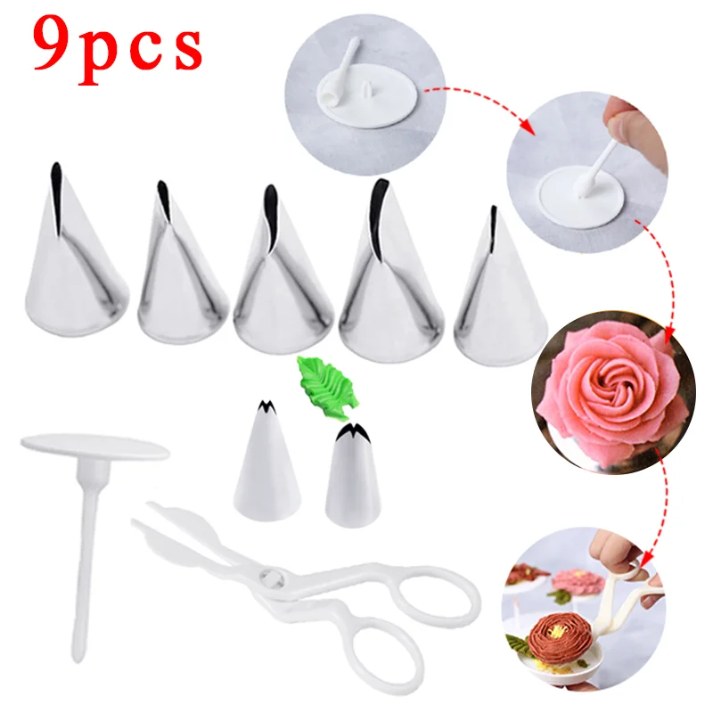 

9Pcs/set Flower Scissor+Cake Tray +7pcs Tulips Rose Nozzle Nail Decor Lifter Fondant Cream Transfer Baking Pastry Kitchen