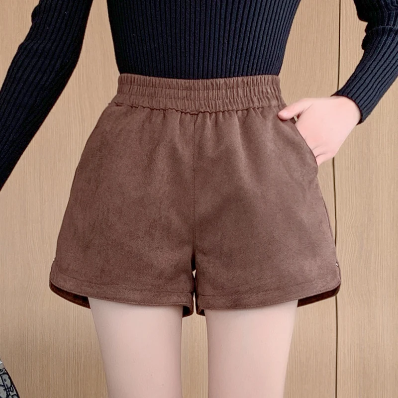 

Осенние шорты Cordurory для женщин, для отдыха, мини шорты для женщин со средней талией, однотонные широкие шорты с карманами