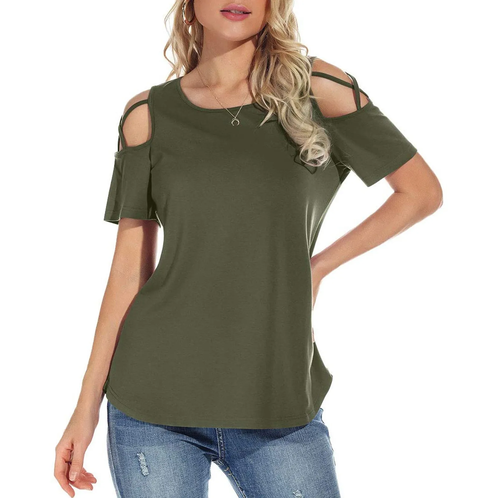 

Women Soild Color Off Shoulder Blouse Shirts 2021 Summer Casual Sleeve Pullover Tops Lady Fashion V-Neck Hollow Out Blusa Blouse
