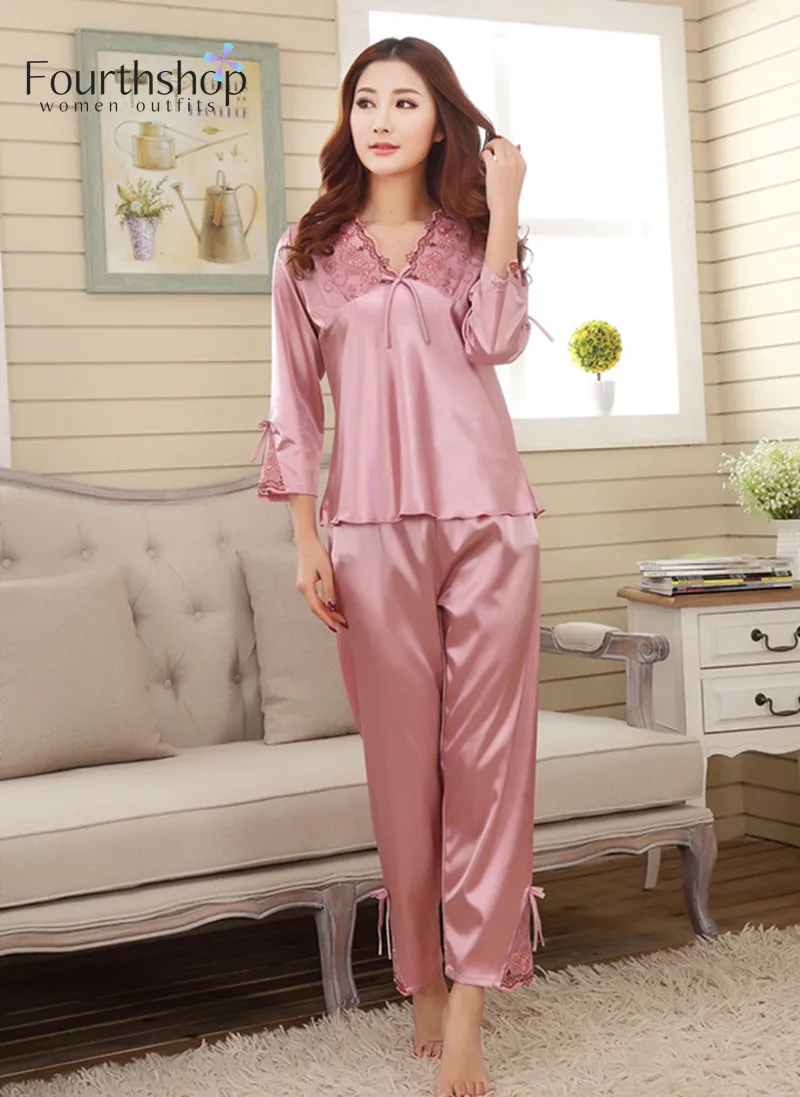 Осень 2019 женский пижамный комплект кружевная пикантная шелковая атласная пижама
