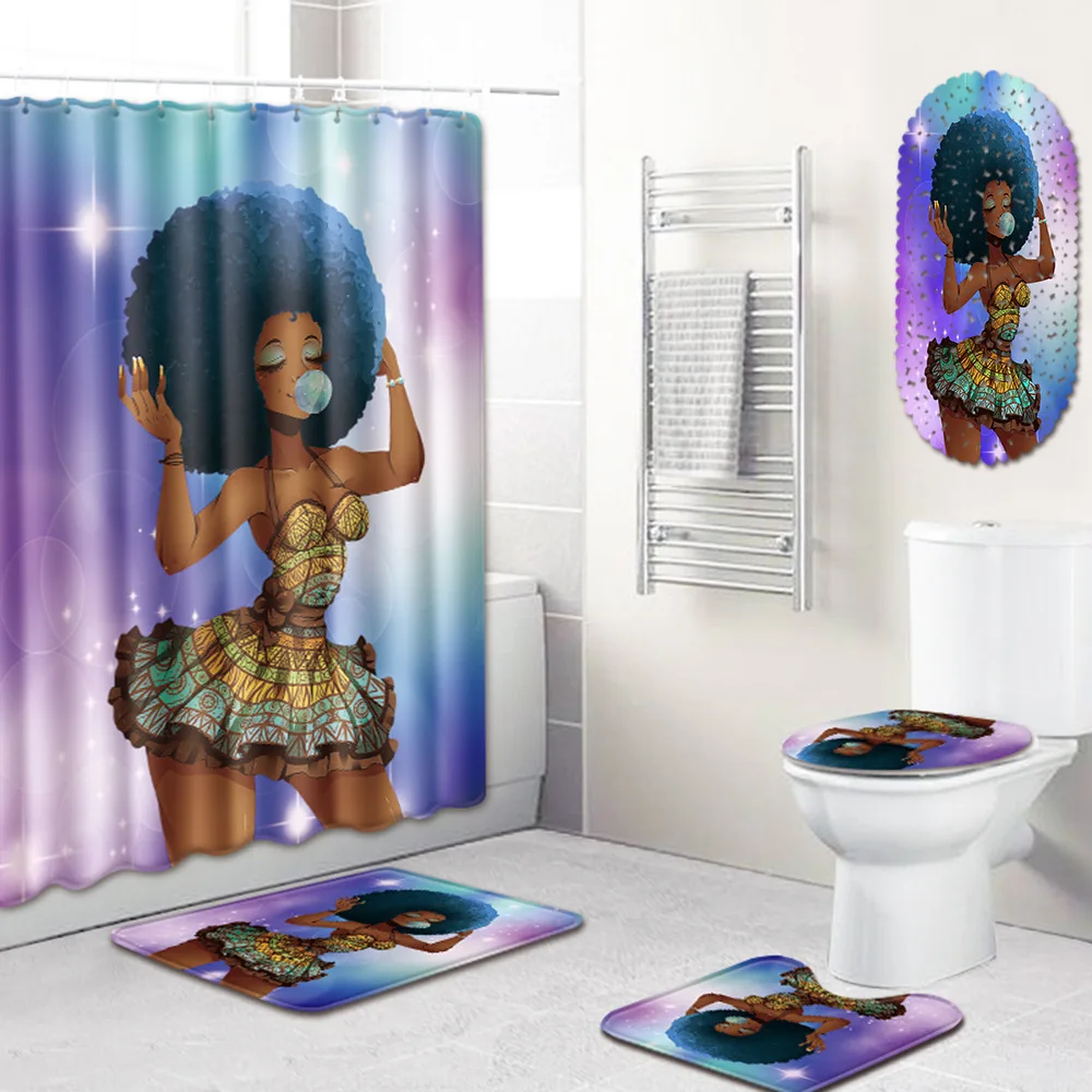 Set African Sexy Black 5pcs Girl Pattern Shower Curtains For Bathroom Creative Design Toilet Cover Bath Mat Curtain - купить по