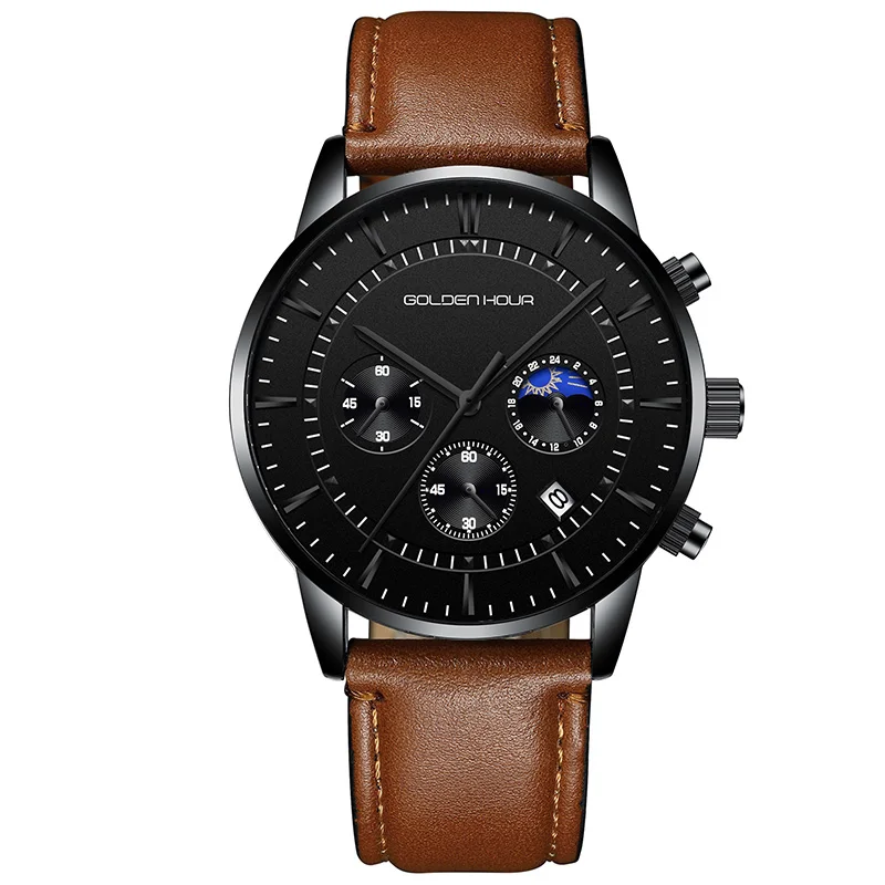 L-Black Black GOLDENHOUR мужские часы лучший бренд класса люкс Модные кварцевые часы мужские кожаные водонепроницаемые спортивные наручные часы мужские Relogio Masculino - Цвет: L-Black Black