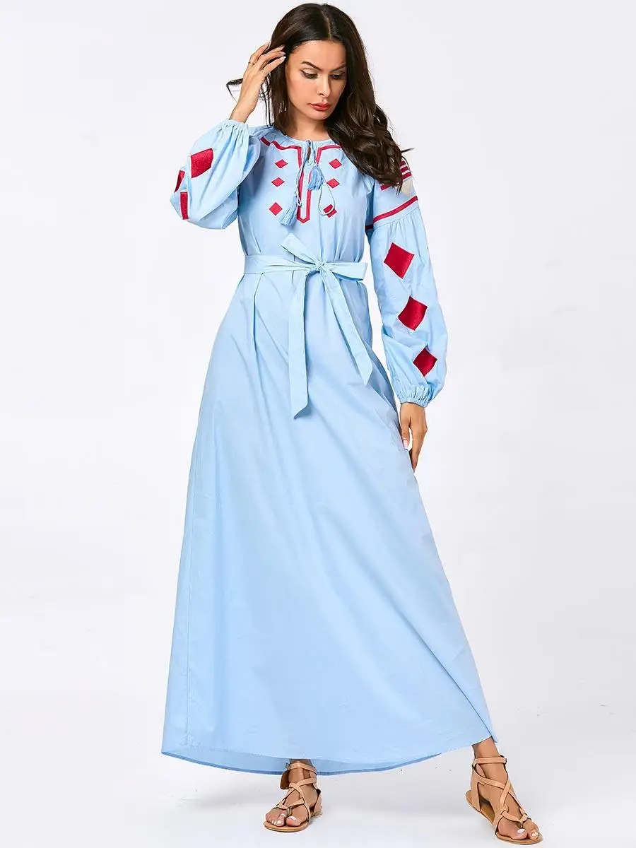 Мусульманское женское Вышитое Платье макси с длинным рукавом халат ислам Дубаи