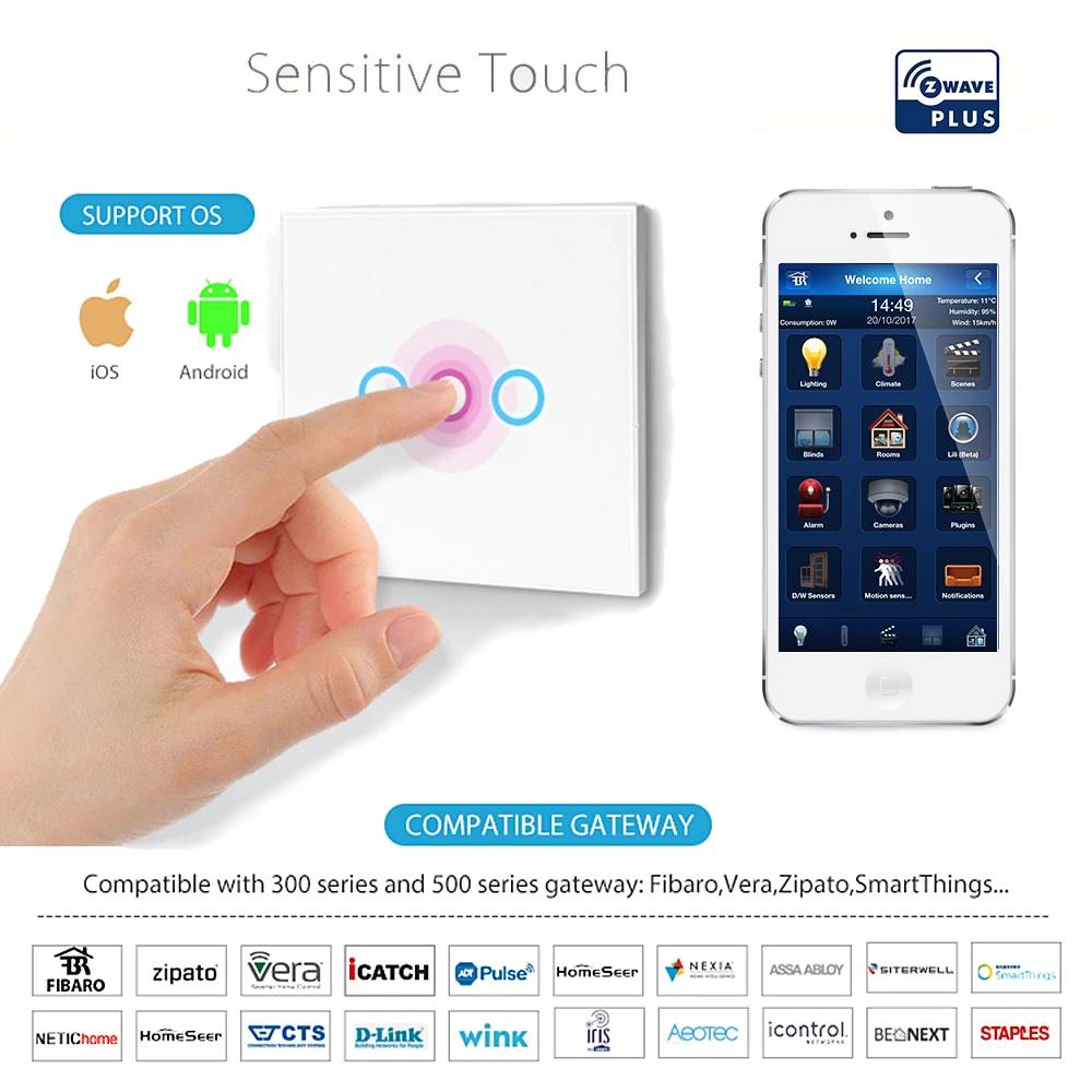 Z wave Plus, настенный светильник, выключатель для домашней автоматизации, сенсорный выключатель, умный светильник с дистанционным управлением, совместимый с Zwave серии 300 и 500