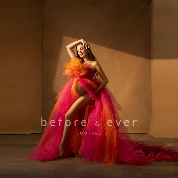

Puffy Strapless Long Tulle Dresses Front High Slit With Big 3D Flowers Colorful Maternity & Non-maternity Shoots Party Dress