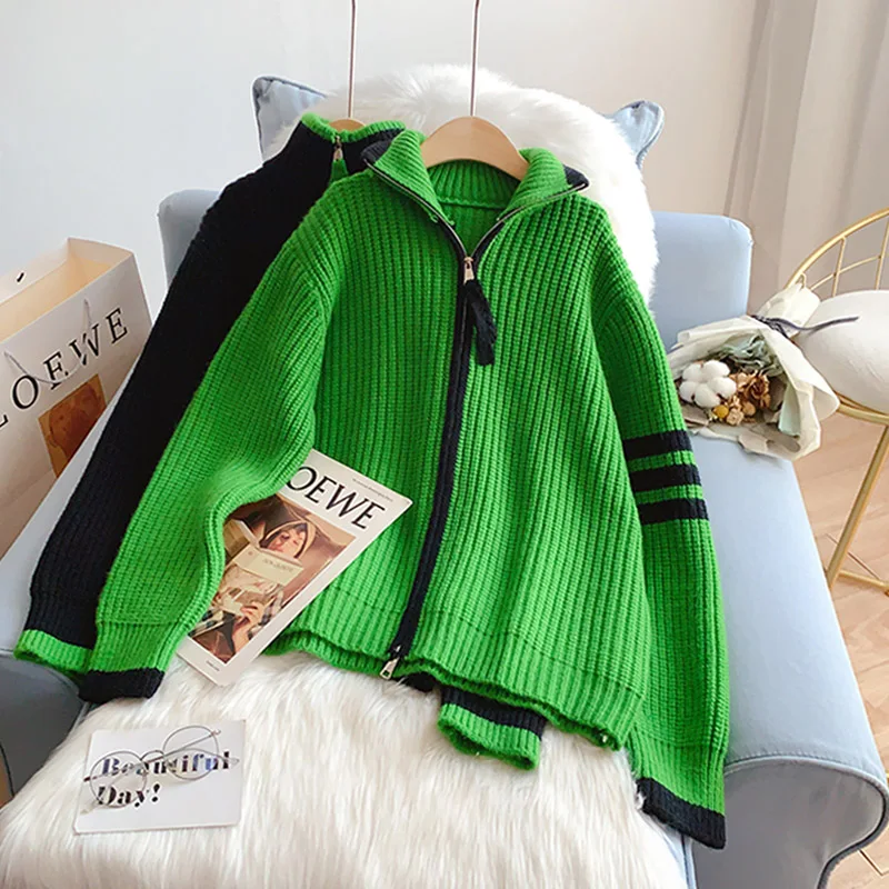 

SONG YI 2022 Autumn Winter Green Cardigan Zipper Solid Color Women Long Sleeve Knitted Jacket Casual Loose Sweater Fashion A0226