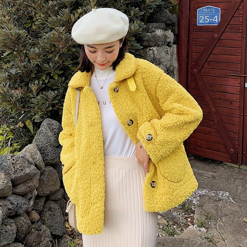 Женское теплое пальто из овечьей шерсти с корейским воротником-стойкой и прямыми